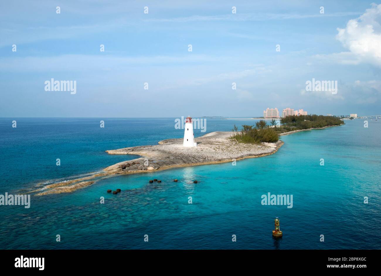 The late afternoon view of Paradise Island narrow landscape with a lighthouse (Bahamas). Stock Photo