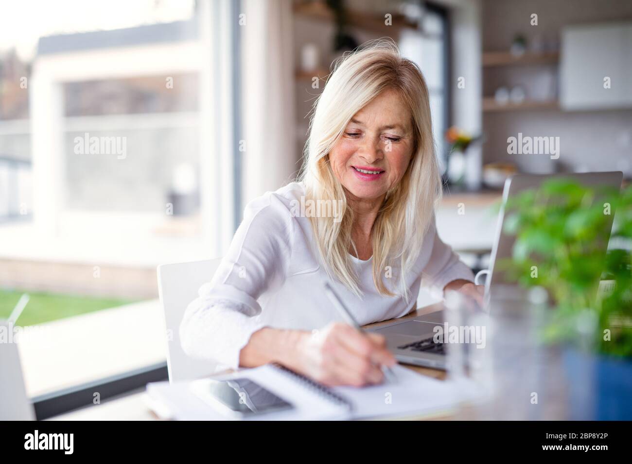 Senior woman with laptop indoors in home office, working. Stock Photo
