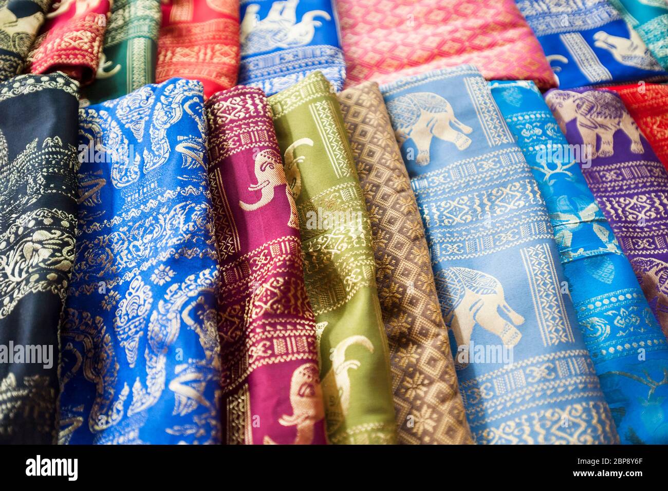 Silk scarves in many colours and patterns. Silk Island, Phnom Penh, Cambodia, Southeast Asia Stock Photo