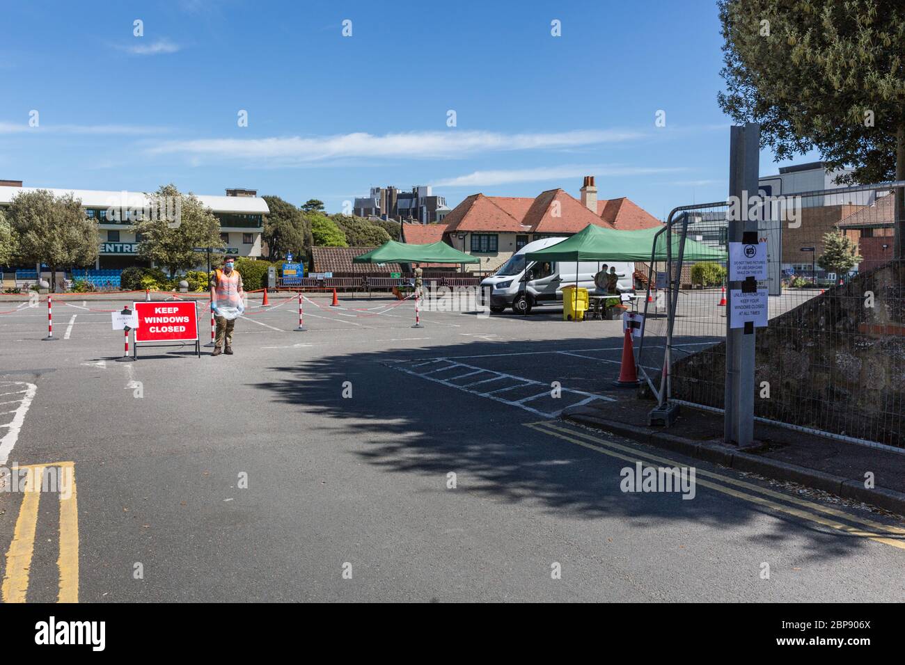 Eastbourne, England. 18 May 2020. Army set up a mobile Covid testing centre in College Road car park, but it remains empty. Credit: Antony Meadley/Alamy Live News Stock Photo