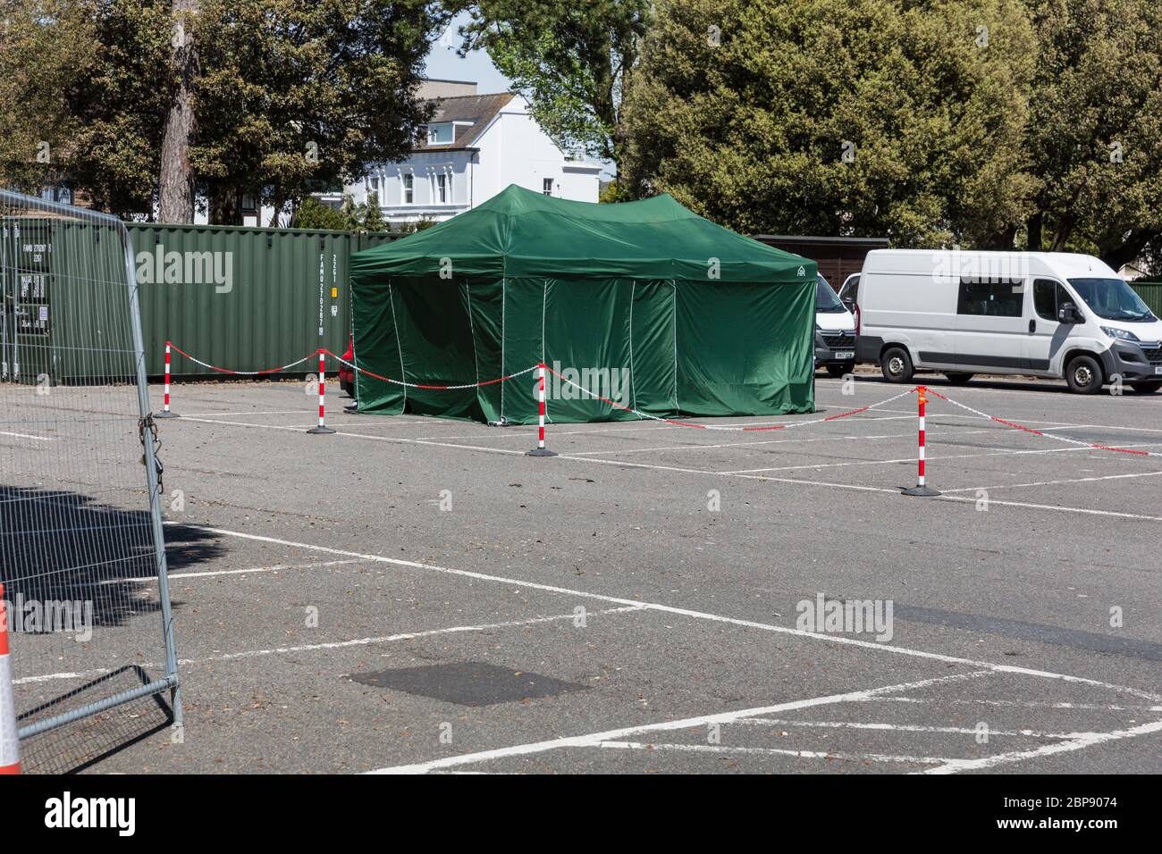 Eastbourne, England. 18 May 2020. Army set up a mobile Covid testing centre in College Road car park, but it remains empty. Credit: Antony Meadley/Alamy Live News Stock Photo