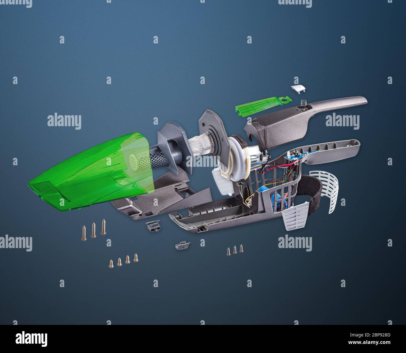 Explode view of portable vacuum cleaner on blue background Stock Photo