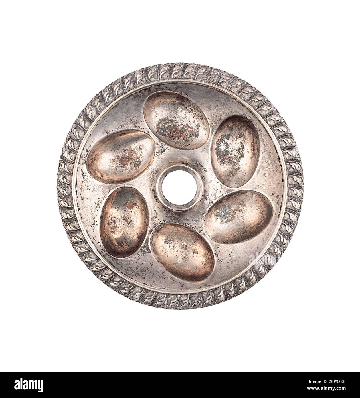 Silver stand plate for Easter eggs top view isolated Stock Photo