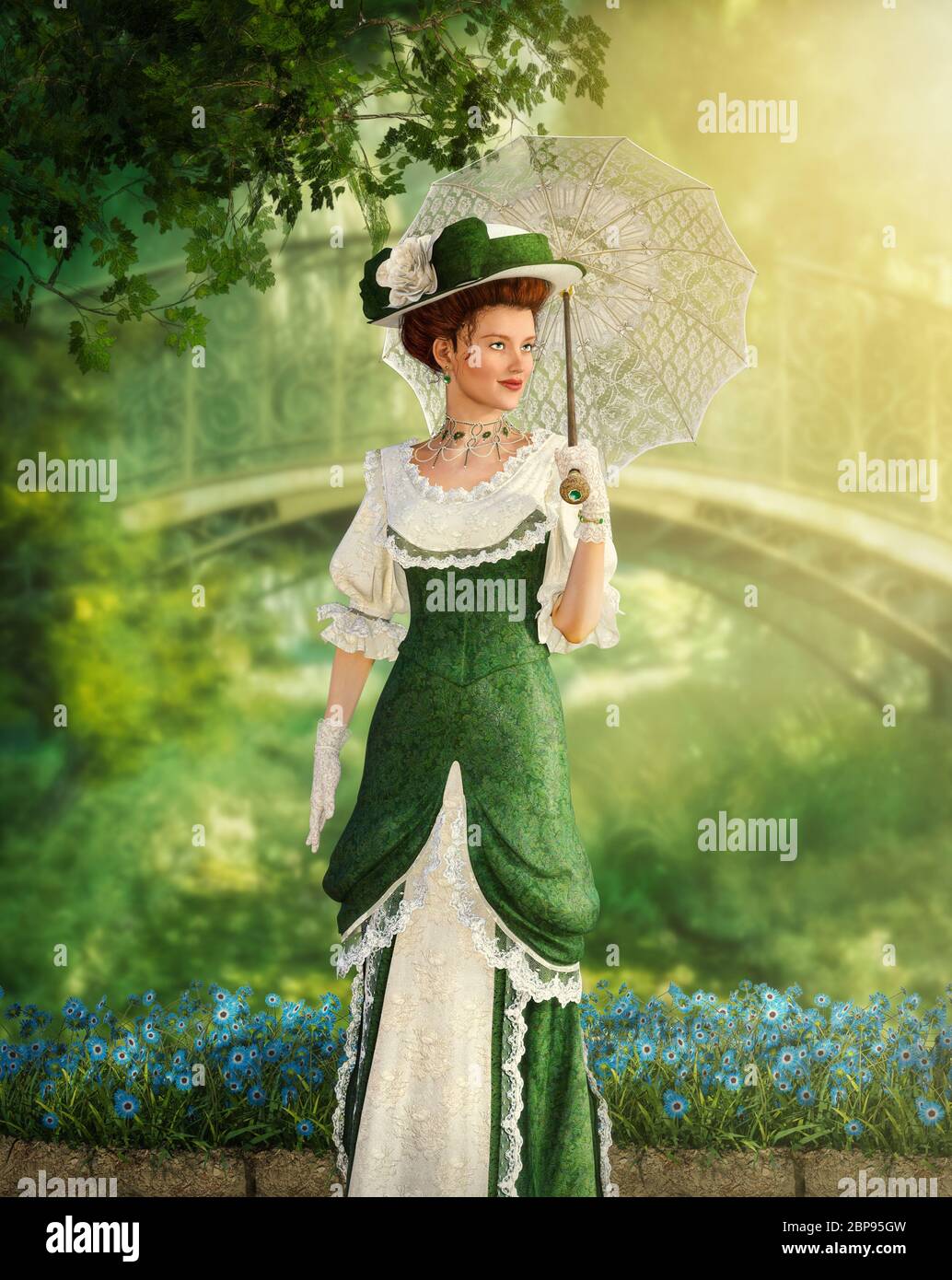Portrait of an elegant Jane Austen style woman strolling the in a