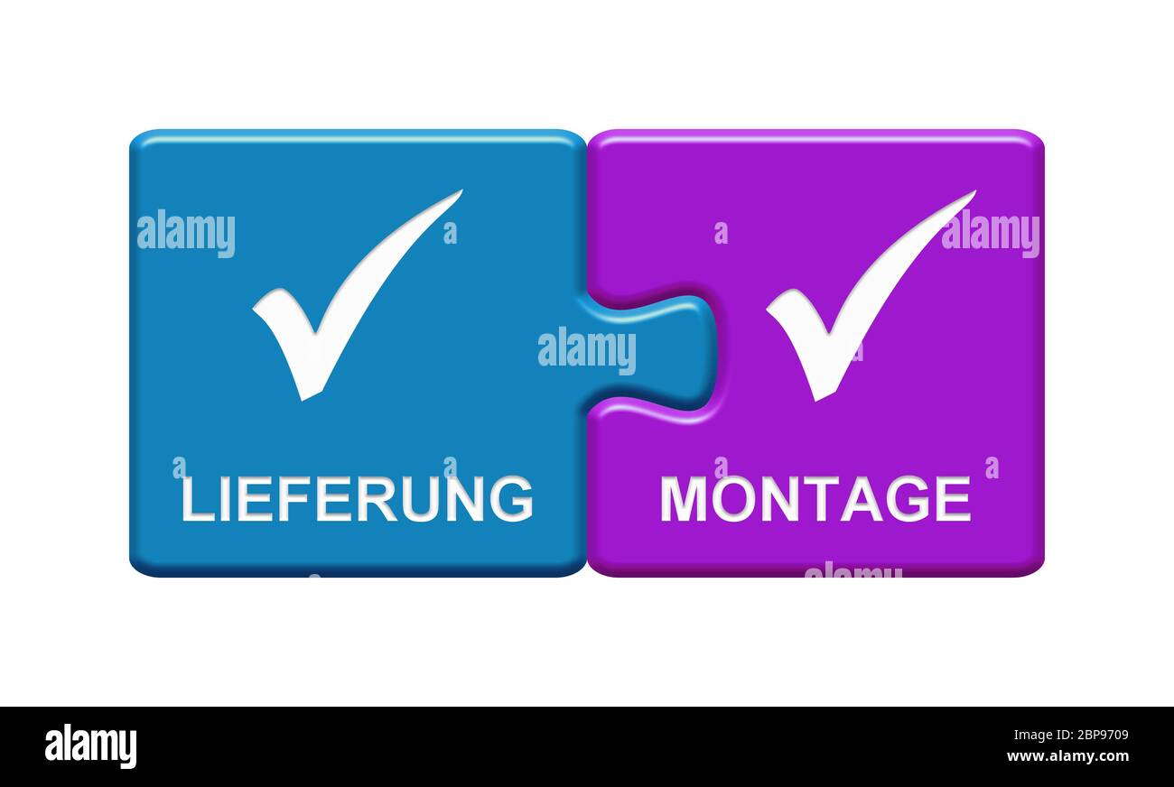 Isolated Puzzle Button with two pieces showing Delivery and Installation with tick symbol in german language Stock Photo