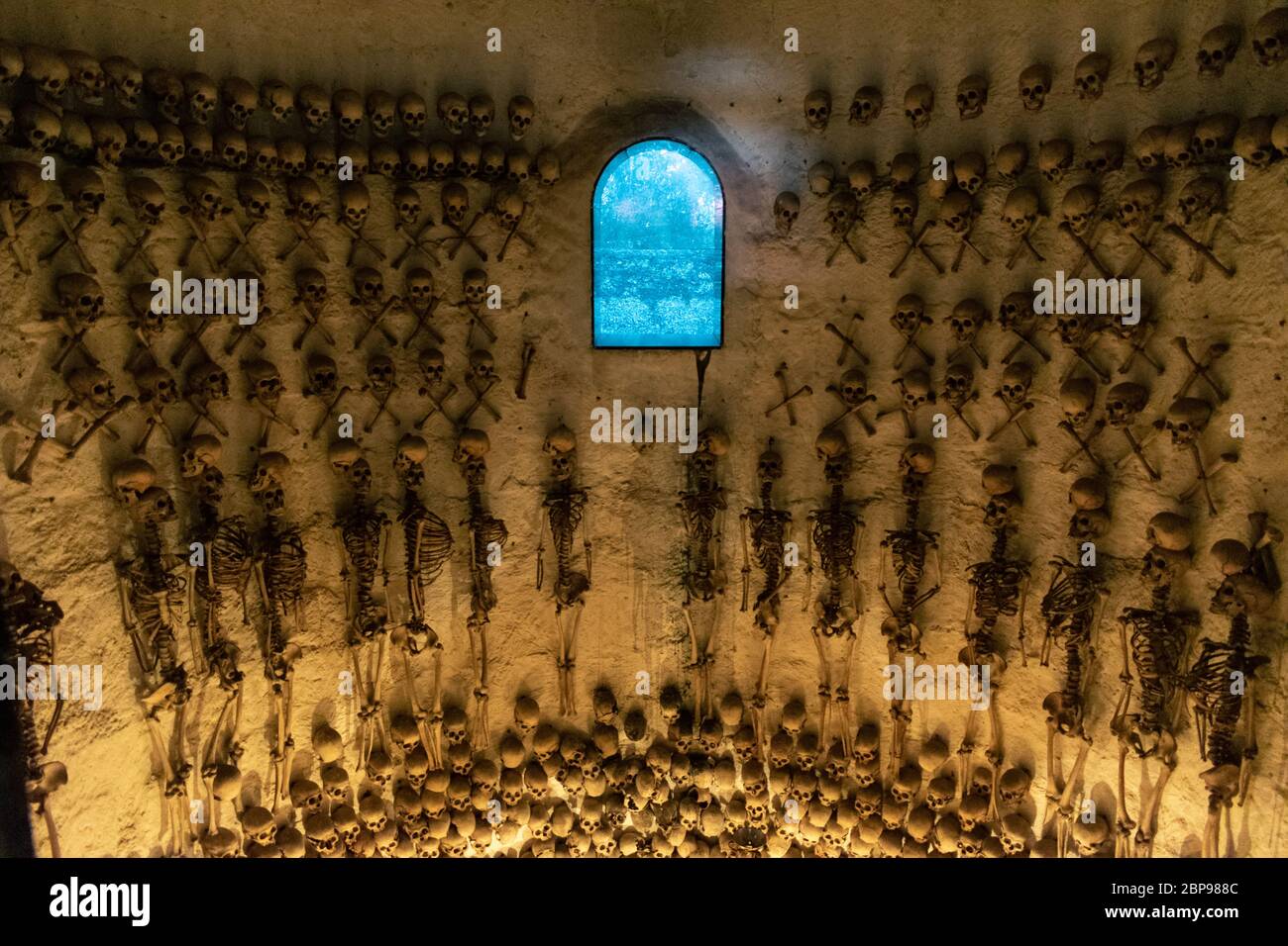 Christian church in Lampa, Peru where they have remains of people exposed to tourists. Two Stock Photo