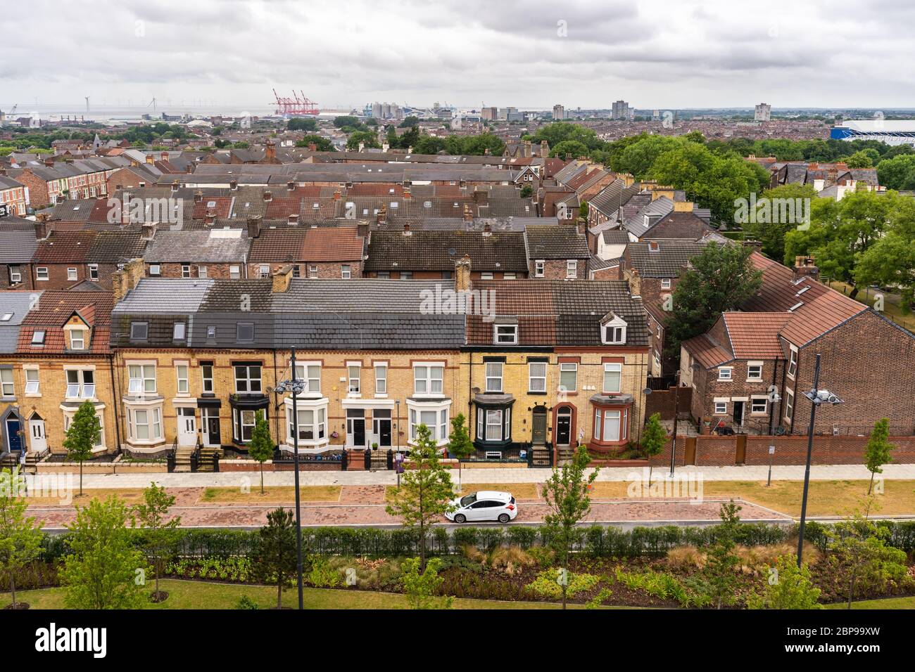 aerial view of Liverpool house around Anfield road and stadium in