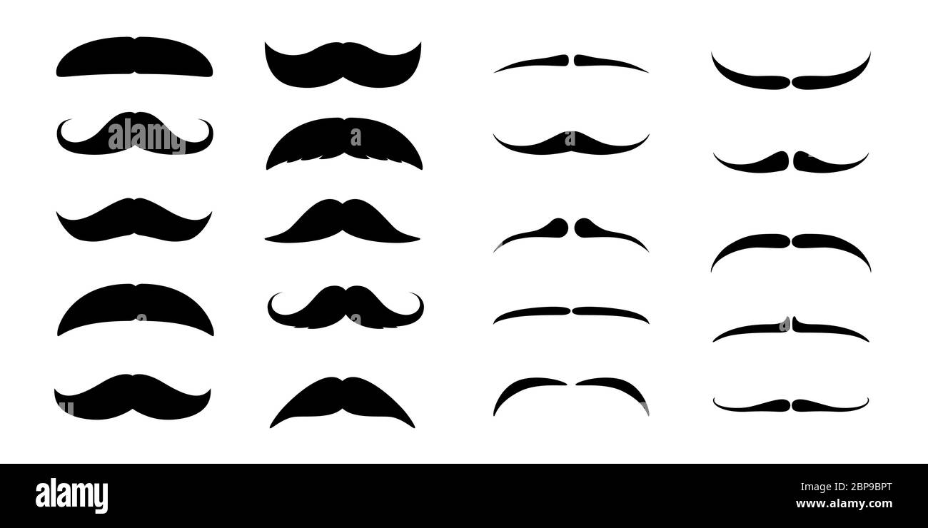 Set of Mustaches. Black silhouette of adult man moustaches. Symbol of Fathers day. Vector illustration isolated on white Stock Vector