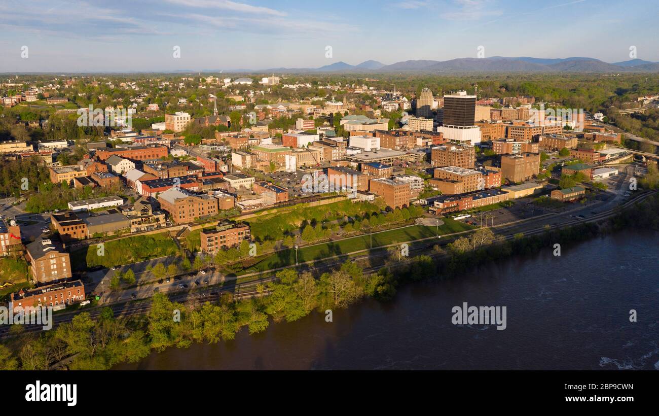 Aerial View of the James River flowing by the hill that holds lynchburg Virginia Stock Photo