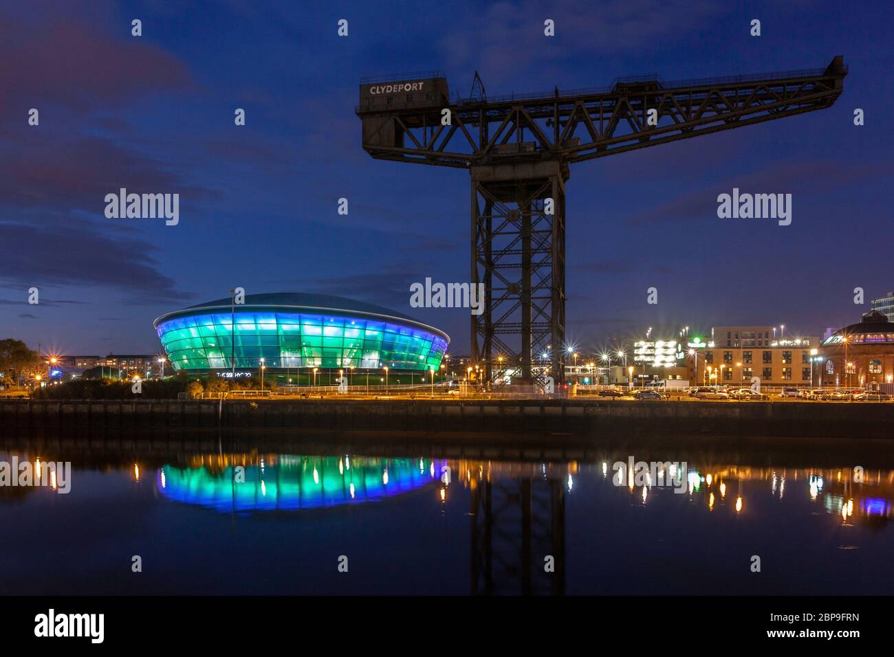 Finnieston Crane, Hydro Arena Concert Venue, River Clyde, Dusk, Glasgow,  Scotland Stock Photo