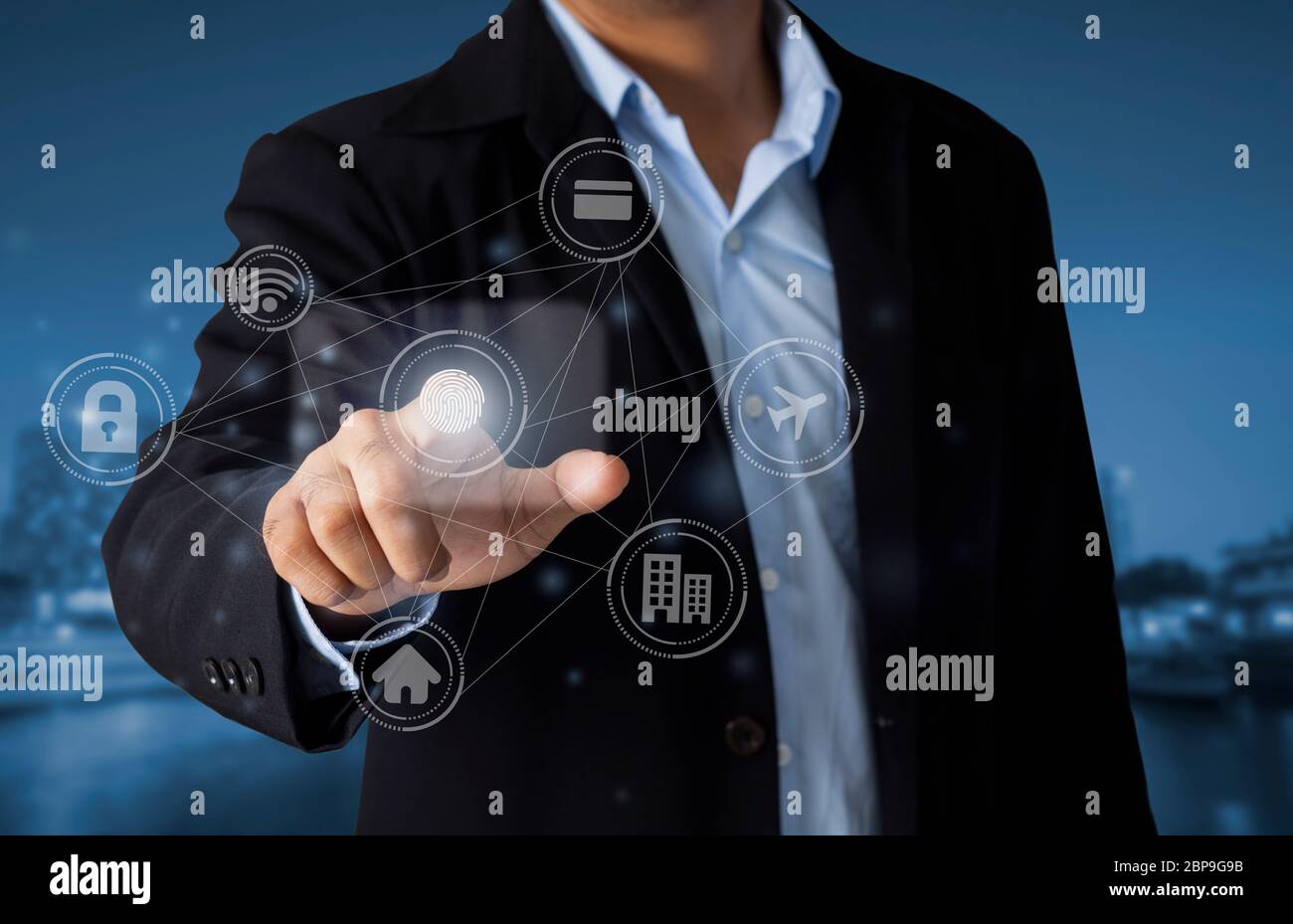 Hand Business Man touch screen Smartphone 5G service searching for virtual industry Manager solution with modern network Interface, Innovation Graphs Stock Photo
