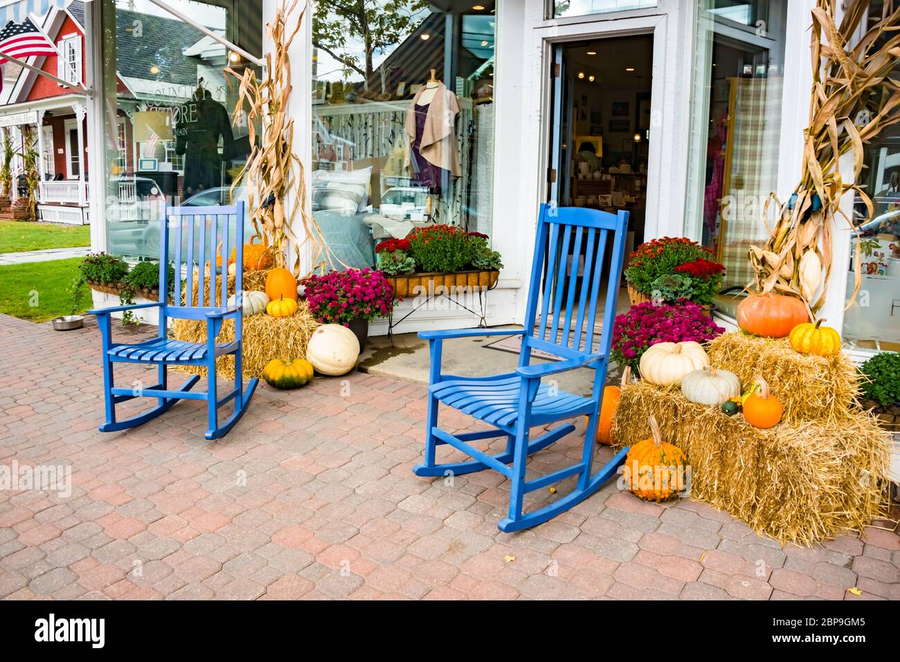The Country Store with Fall Harvest Display, Stowe, Vermont Stock Photo