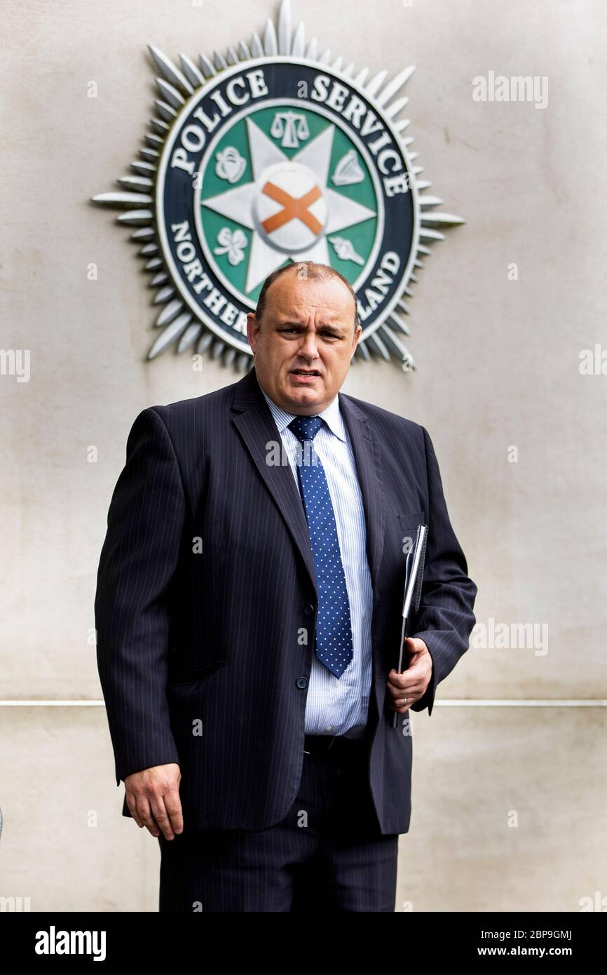 Detective Chief Inspector Darren McCartney at PSNI Headquarters at Knock in Belfast during a press briefing into the murder of 57 year old Keiran Wylie who was murdered at his home last night in Lenadoon Avenue in west Belfast. Stock Photo