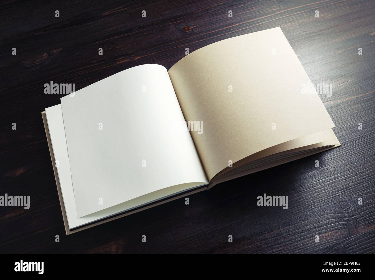 Opened blank booklet on dark wooden background. Stock Photo