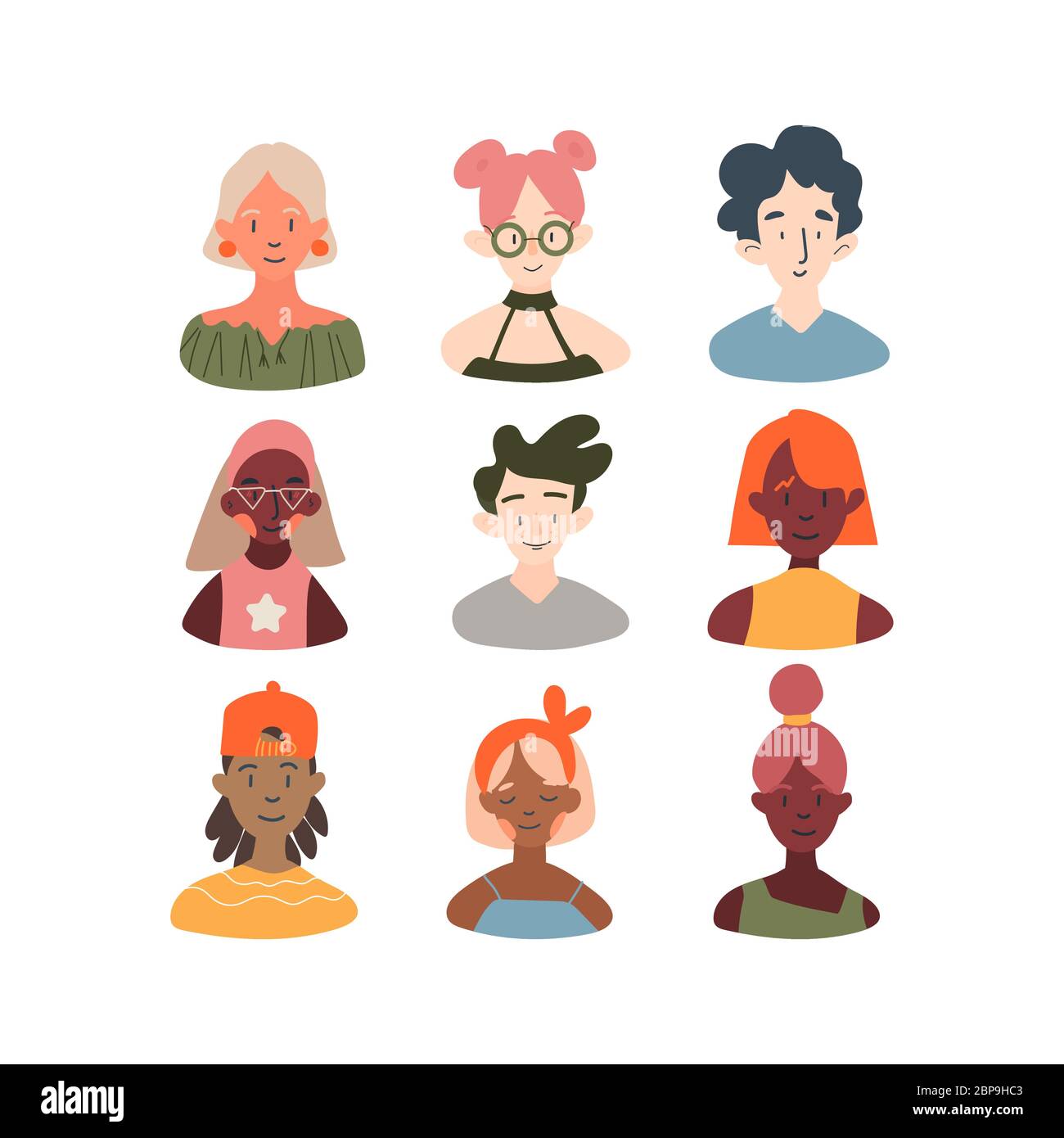 Children of different races profile avatars collection. Icons of girl’s and boy’s faces icon vector illustration set. Modern cartoon flat design. Onli Stock Vector