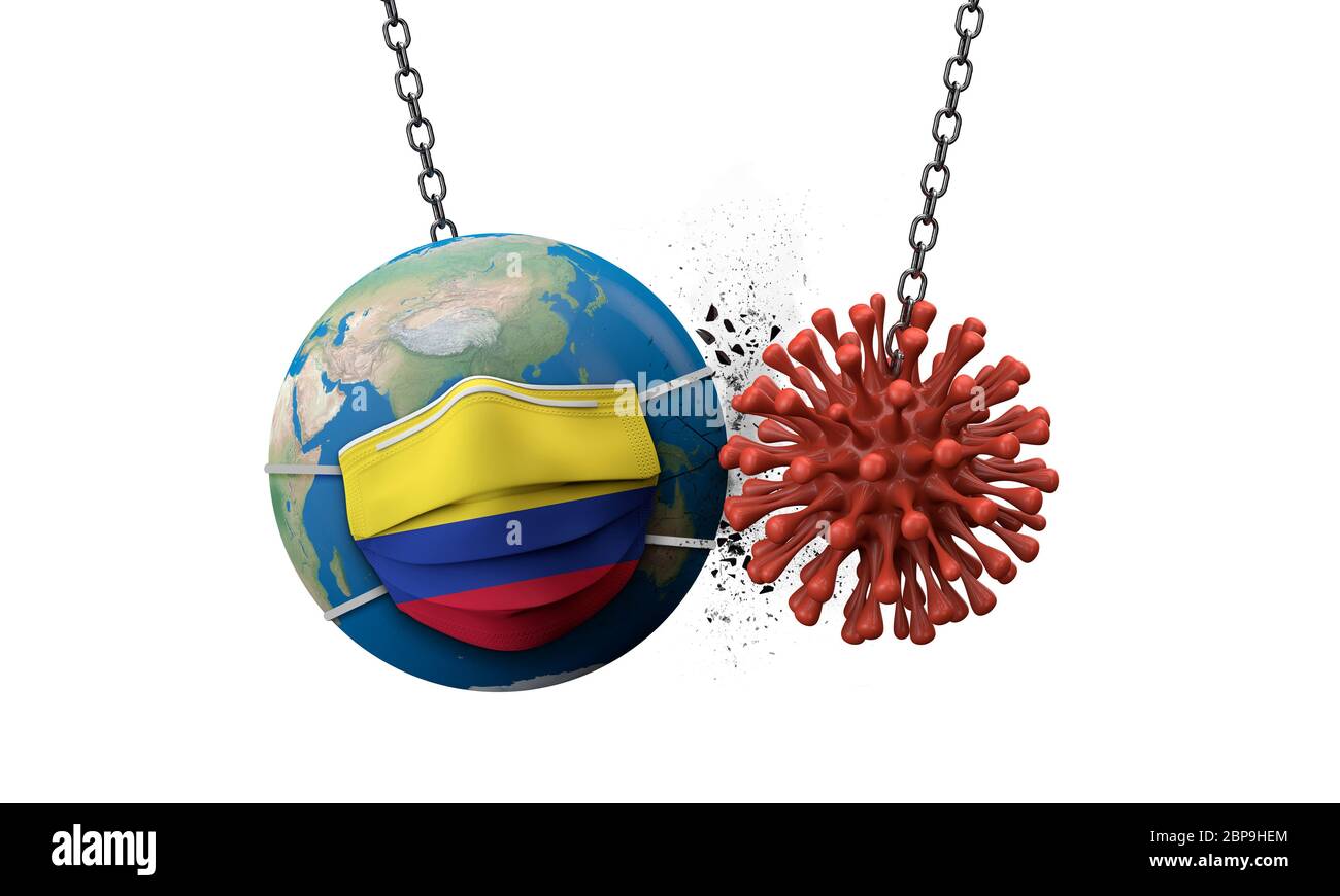 Coronavirus smashing into the world wearing a Colombia face mask. 3D Render Stock Photo