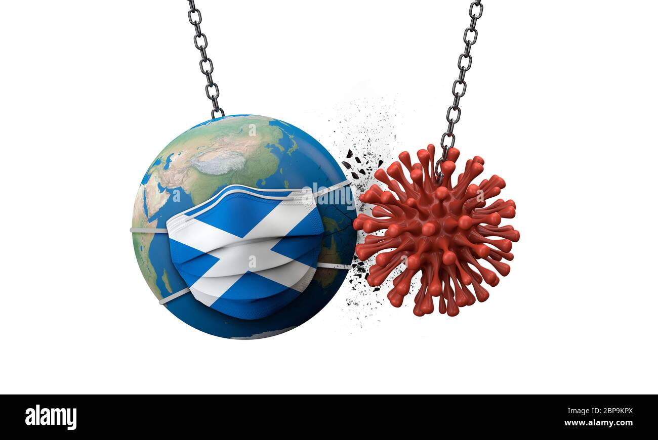 Coronavirus smashing into the world wearing a Scotland face mask. 3D Render Stock Photo