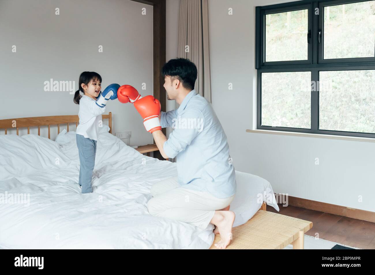Dad and daughter playing in bed Boxing Stock Photo