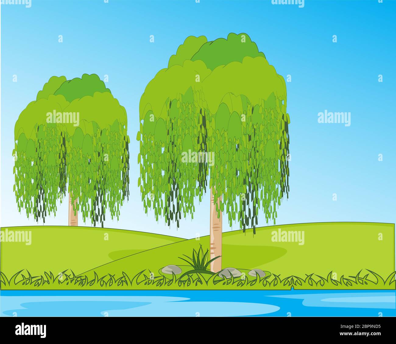 Vector illustration of the colorful year landscape riverside and tree ...