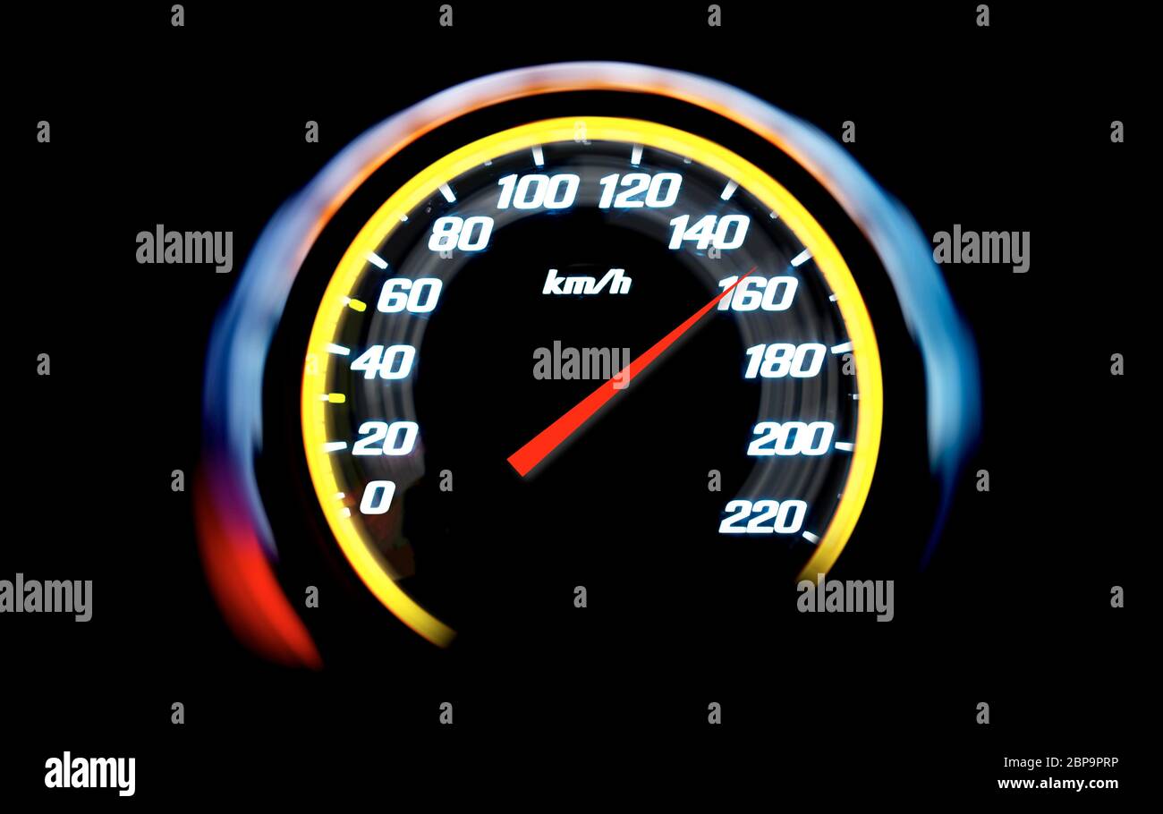 High speed on a car speedometer and motion blur. Stock Photo