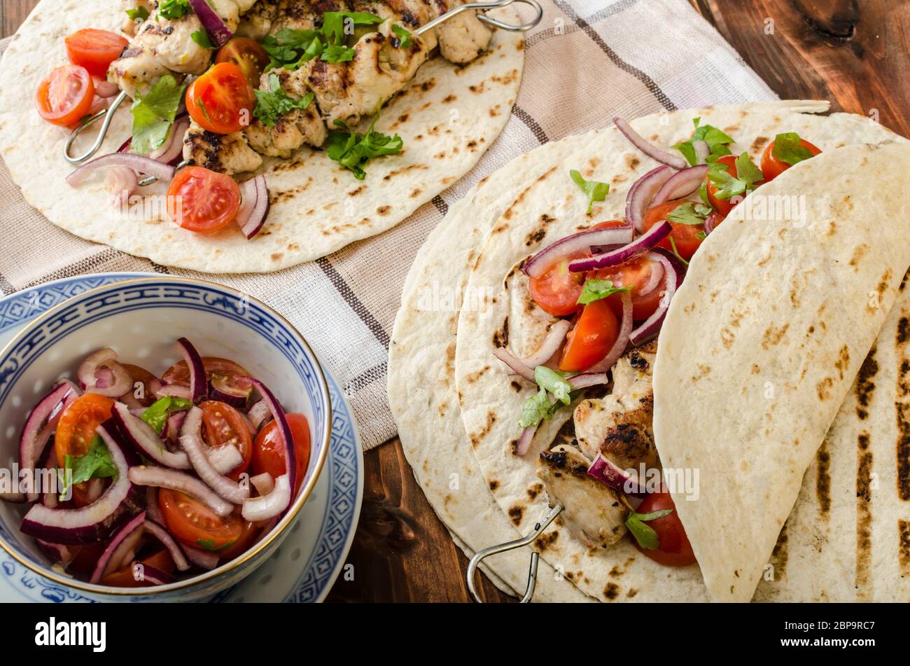 Turkey kebab with parsley salsa, kebab grilled, delicious salsa Stock