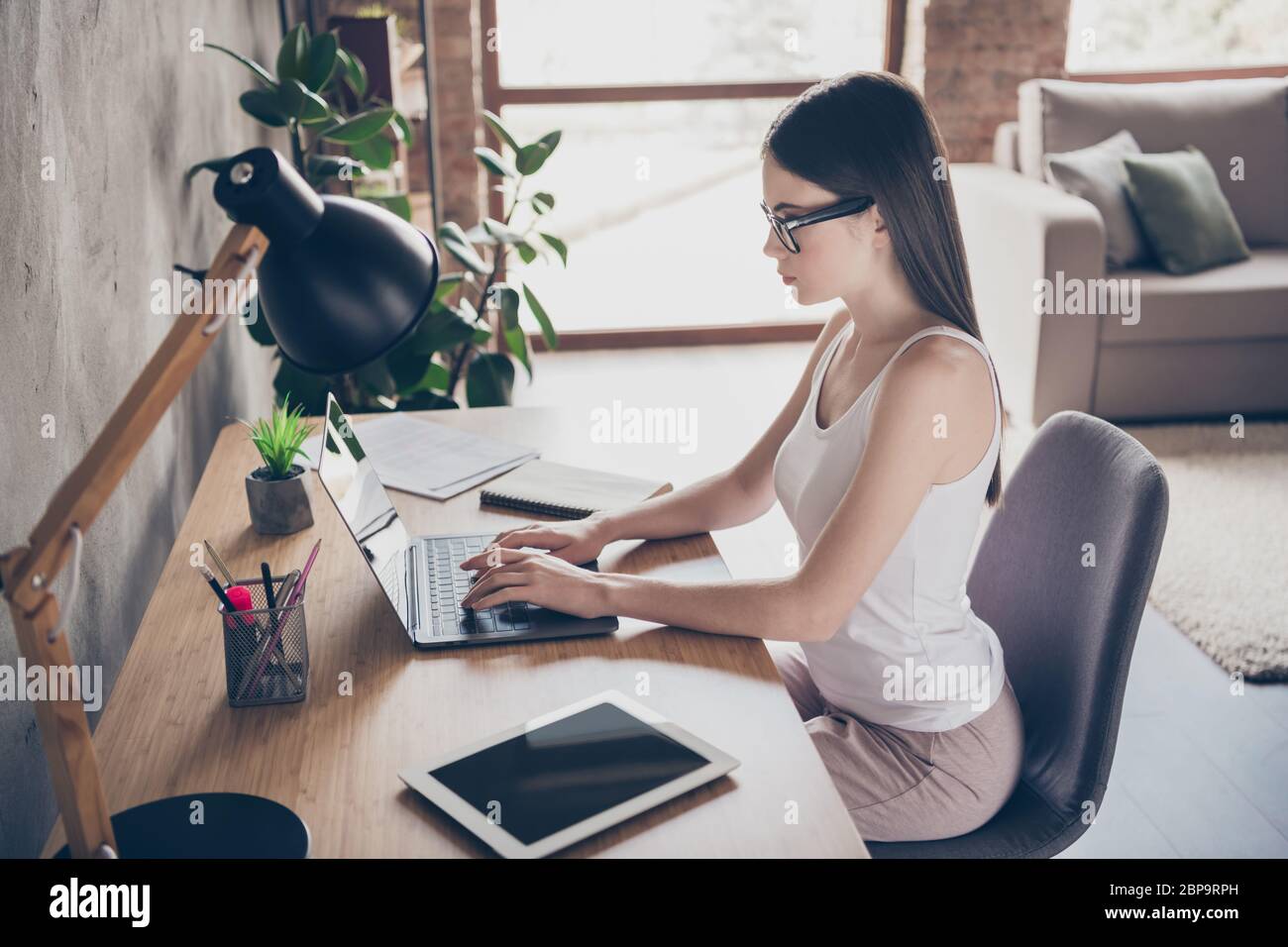 Profile side photo of focused marketer smart girl work distance use laptop have online communication boss partners search data start-up development Stock Photo