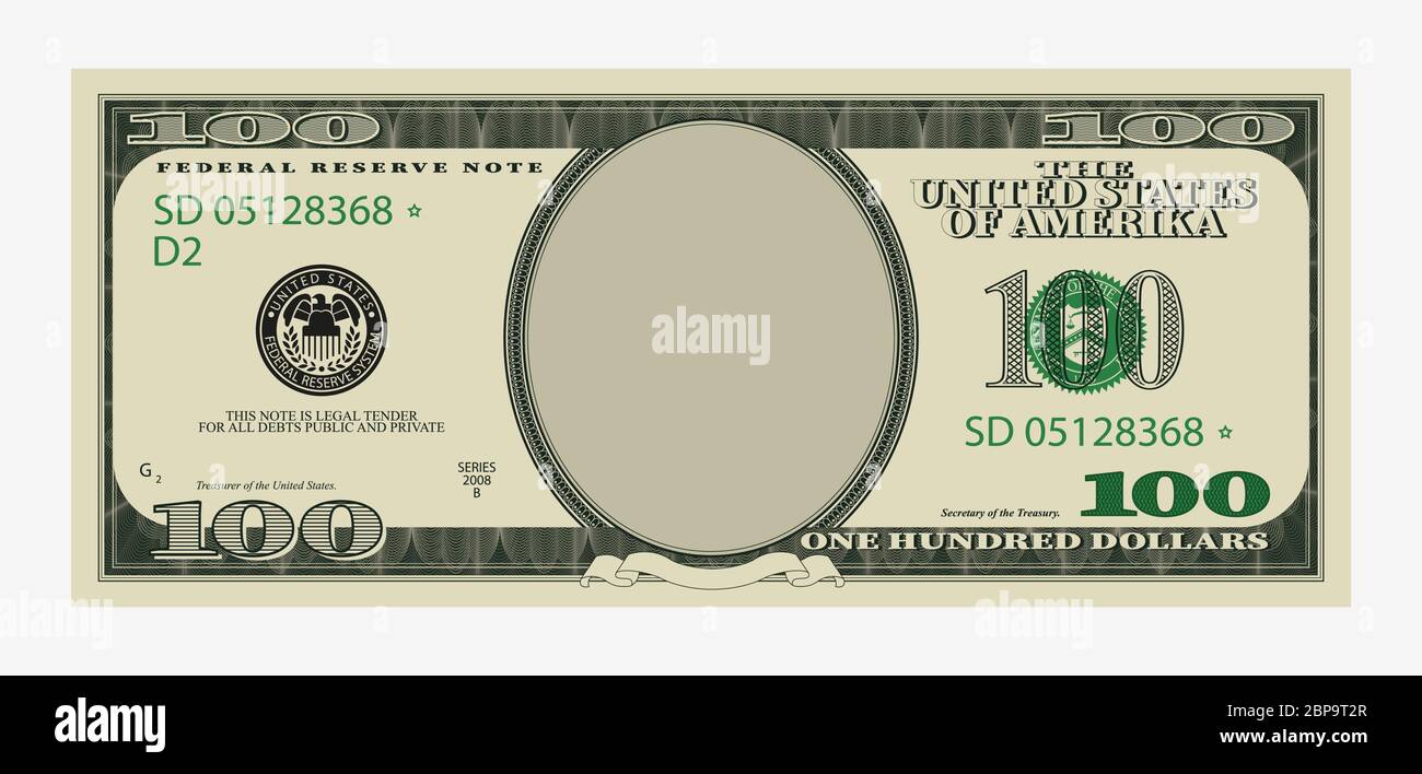 One hundred dollars bill template. American banknote with empty ...