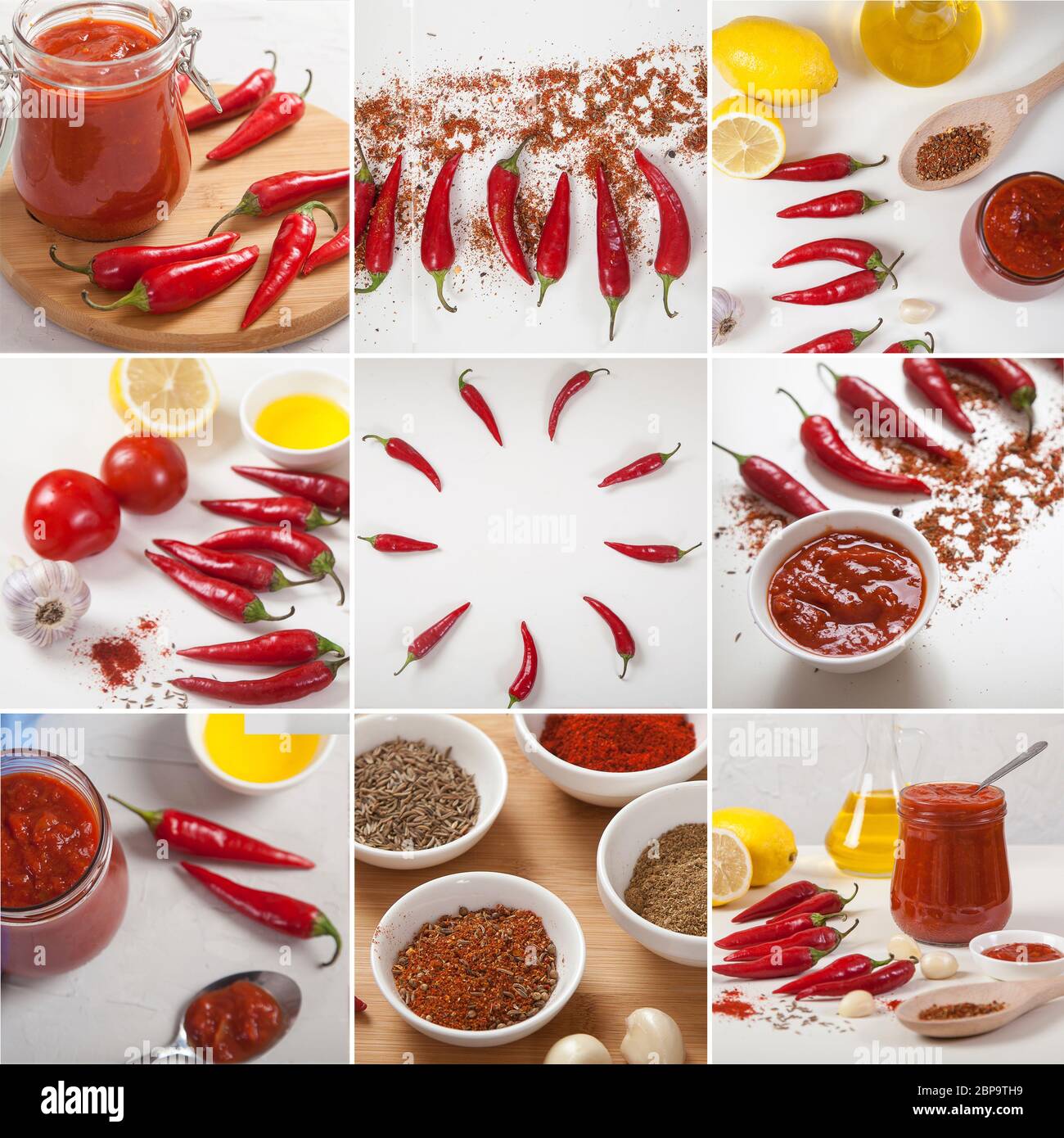 Collage of harissa, spices, spices, peppers, tomatoes on a light background. Seasoning. National cuisine Stock Photo