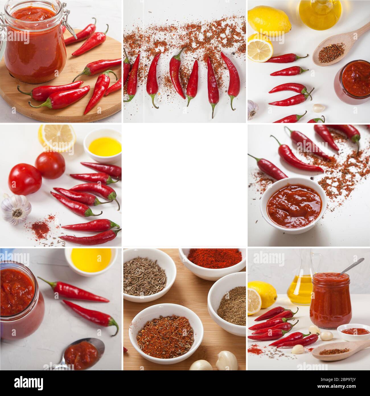 Collage of harissa, spices, spices, peppers, tomatoes on a light background. Copy spaes. Seasoning. National cuisine Stock Photo