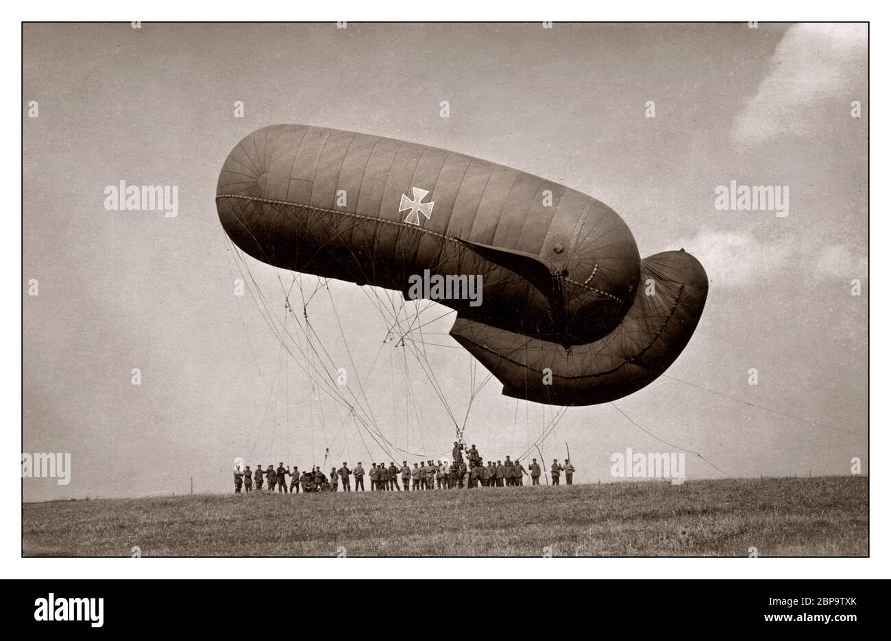 World War I German Parseval-Siegsfeld type barrage balloon at Équancourt France (September 1916). The rear 'tail' fills with air automatically through an opening facing the wind. WW1 World War One Stock Photo
