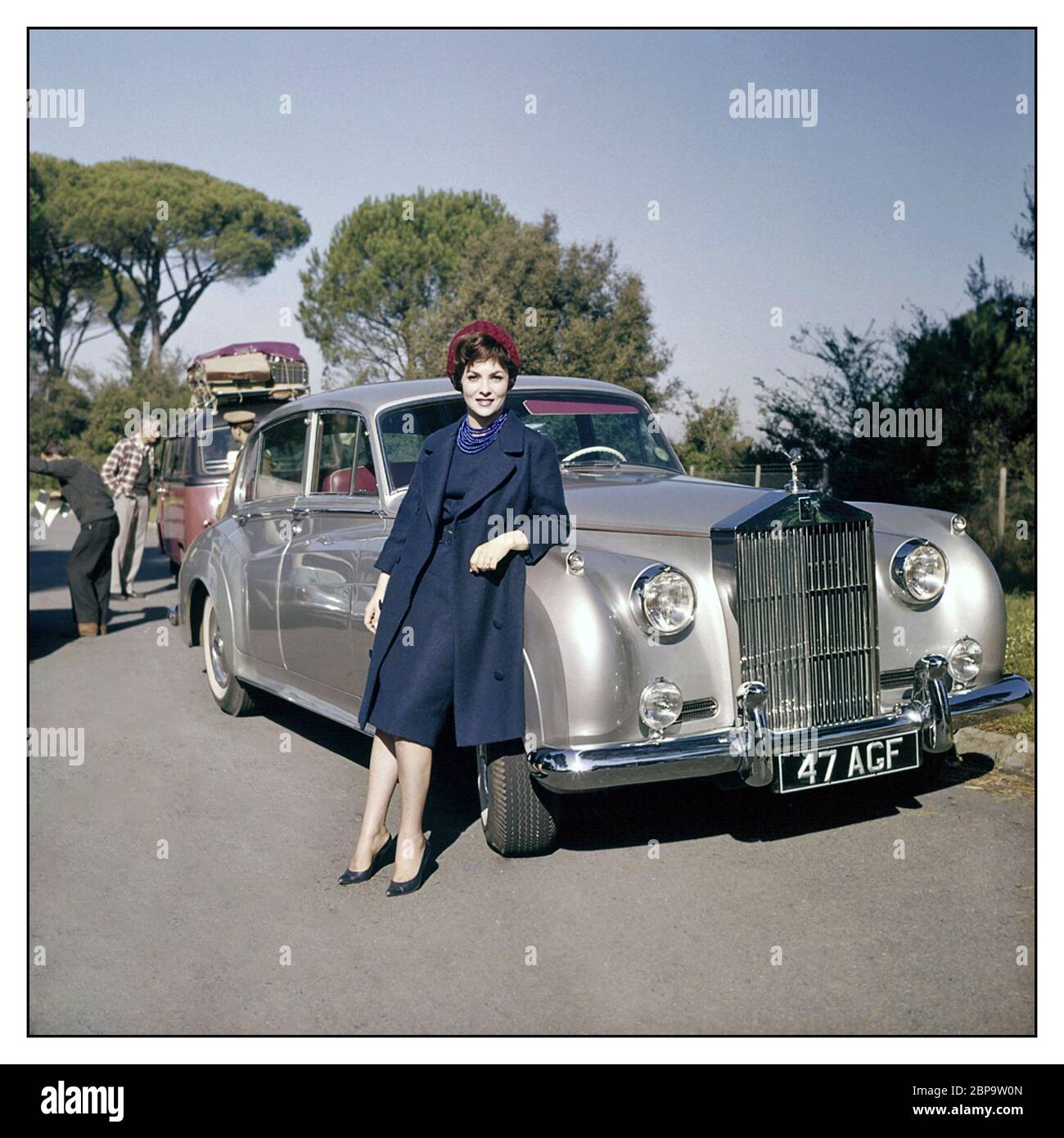 Vintage Rolls-Royce Silver Cloud I with owner Gina Lollobrigida on a film location, Gina Lollobrigida, is an Italian actress, photojournalist and sculptor. She was one of the highest-profile and most beautiful European actresses of the 1950s/1960's Stock Photo