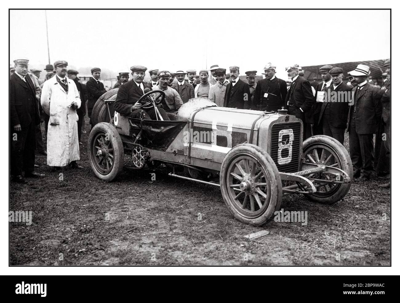 VINTAGE FRENCH GRAND PRIX DIEPPE 1908 Léon Théry, at the 1908 French Grand Prix The 1908 French Grand Prix was a Grand Prix motor race held at Dieppe France on 7 July 1908.  Official name Grand Prix de l'Automobile Club de France.  No.8 Car featured is a ‘Brasier’ a French automobile manufacturer, based in the Paris area, and active between 1905 and 1930.The firm began as Richard-Brasier in 1902, and became known as Chaigneau-Brasier in 1926. Théry,  French GP at Dieppe (GP de l'A.C.F.) 1908, DNF. Stock Photo