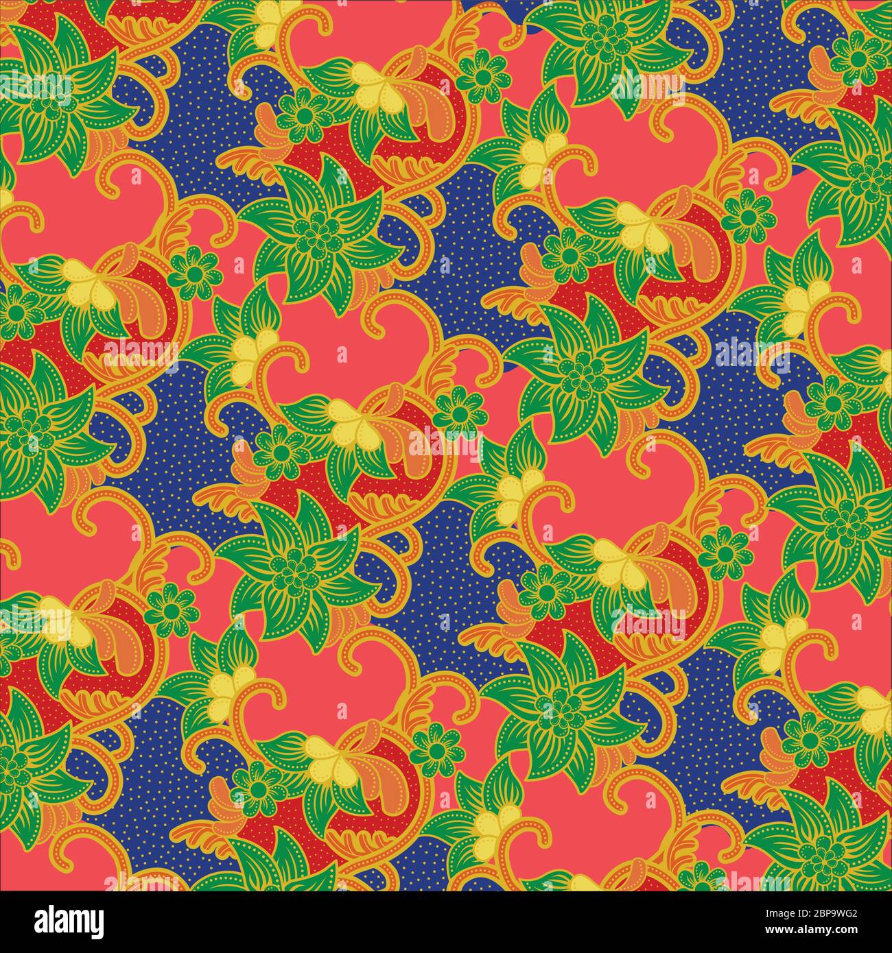 Traditional floral pattern batik drawing with dots and curly lines in colourful. Batik is an Indonesian technique of wax-resist dyeing applied to whol Stock Vector