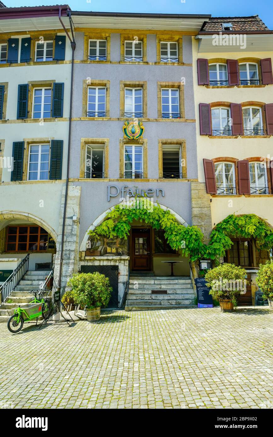 Front view of Restaurant Pfauen (Peacocks) house, by Ring square, Biel/ Bienne, Canton Bern, Switzerland Stock Photo - Alamy