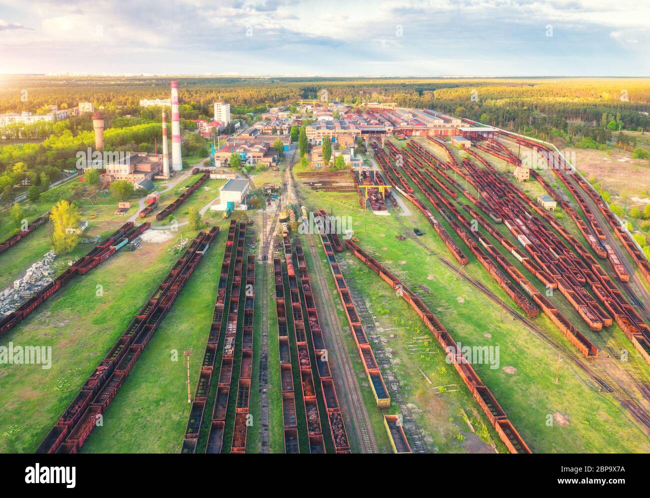 Aerial view of colorful freight trains. Railway station Stock Photo