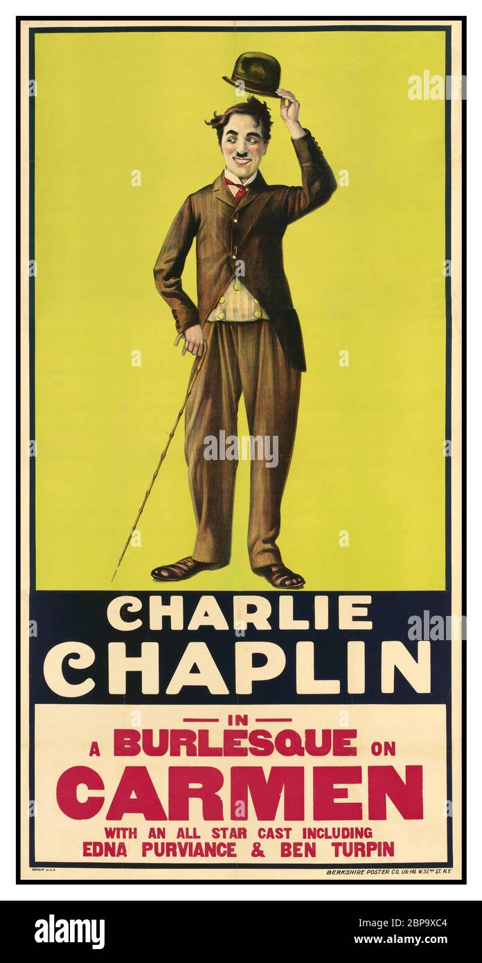 Vintage Charlie Chaplin with top hat and walking stick lithograph poster 1915 in a BURLESQUE on Carmen movie film cinema with an all star cast including Edna Purviance & Ben Turpin. A Burlesque on Carmen is Charlie Chaplin's thirteenth film for Essanay Studios, originally released as Carmen on December 18, 1915. Chaplin played the leading man and Edna Purviance played Carmen. The film is a parody of Cecil B. DeMille's Carmen 1915, which was an interpretation of the popular novella Carmen by Prosper Mérimée Stock Photo