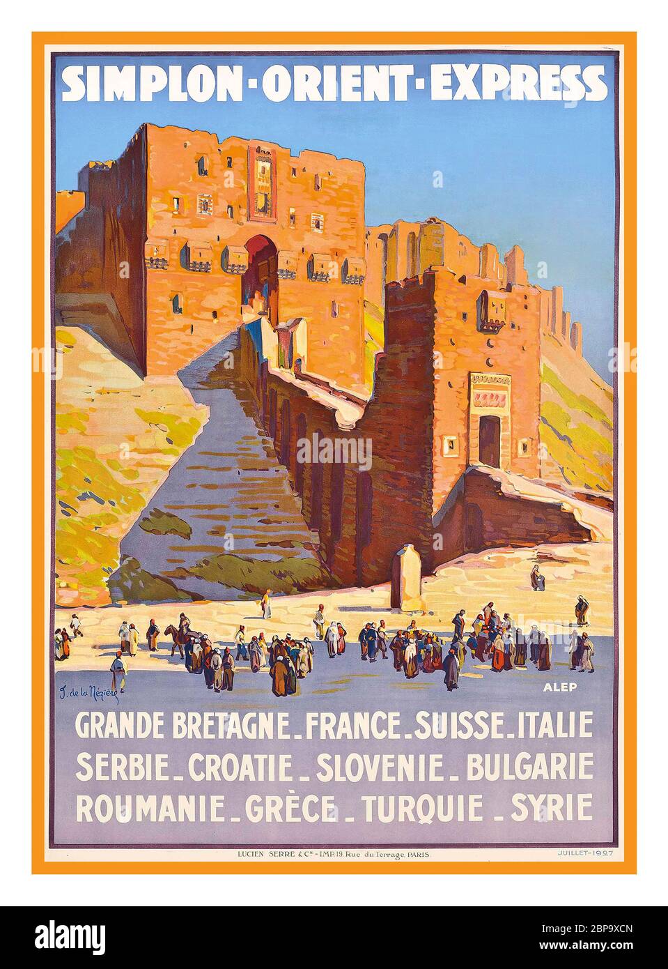 SIMPLON-ORIENT-EXPRESS Travel Poster Rail Railway 1900's SIMPLON-ORIENT-EXPRESS lithograph in colour by Joseph Daviel De La Néziére (1873-1944) printed by Lucien Serre & Cie., Paris 1927 Grande Bretagne, France, Suisse, Italie, Serbie, Croatie, Slovenie, Bulgarie, Roumanie, Grèce, Turquie, Syrie, Destinations Grand Tour by luxury train rail railway Stock Photo