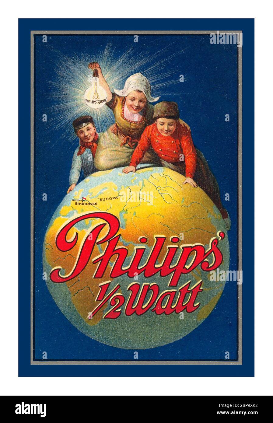 Philips 1/2 Watt, campaign advertising 1913 with children from Holland sitting on the world globe holding a Philips 1/2 watt lamp aloft Philips 1/2 watt incandescent lamp archive historic press advertising . Manufactured in Paris France by Philips with excellent economy and long lasting. Stock Photo