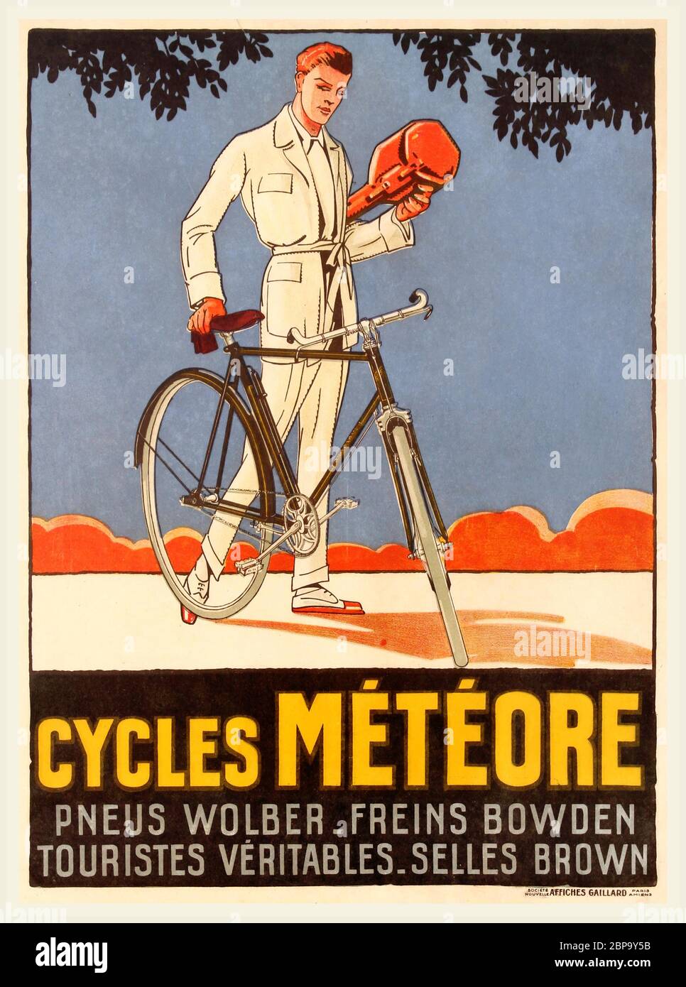 Cycles Meteore 1920's archive historic cycle vintage poster for French bicycles manufacturer Cycles Meteore. Art Deco design showing a young gentleman in a white sports suit holding a tennis racket in a leather case. France. 1920s. Stock Photo