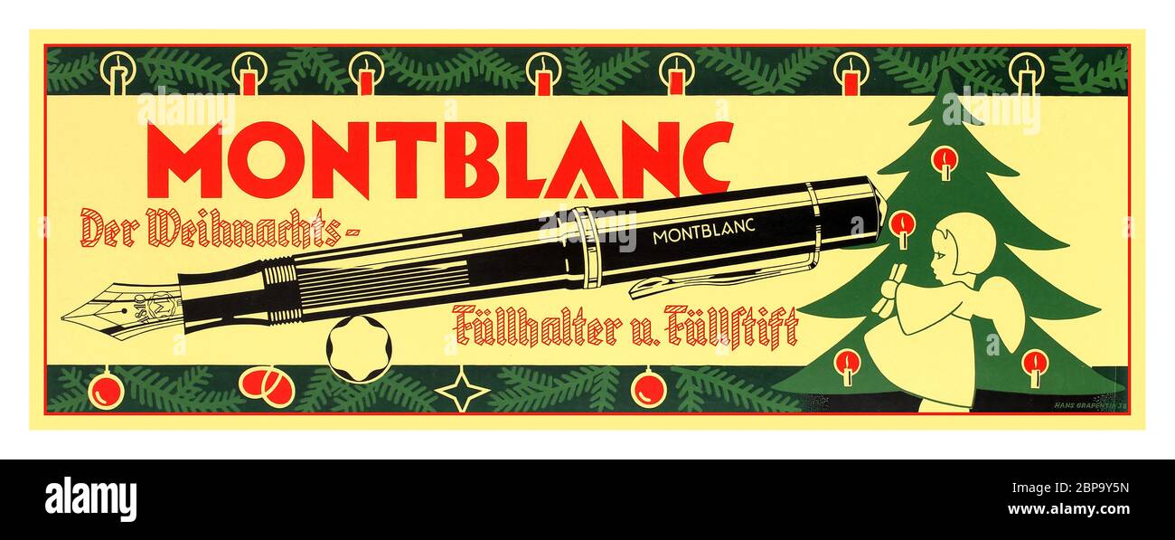 MONTBLANC FOUNTAIN PEN CHRISTMAS POSTER vintage 1930’s advertising poster for Montblanc Der Weihnachts Füllhalter u. Füllstift / Montblanc Christmas Fountain Pen & Filler Pen. design depicting iconic black and white Mont Blanc fountain pen between text in red and white letters next to a young angel girl by a Christmas tree with a festive themed border of baubles, stars and fir tree branches. Founded in 1906, Mont Blanc is a German manufacturer of luxury goods using a Snow Peak logo of a six pointed snow cap view from the mountain top. Horizontal. Germany, : 1938, designer: Hans Grapentin, Stock Photo