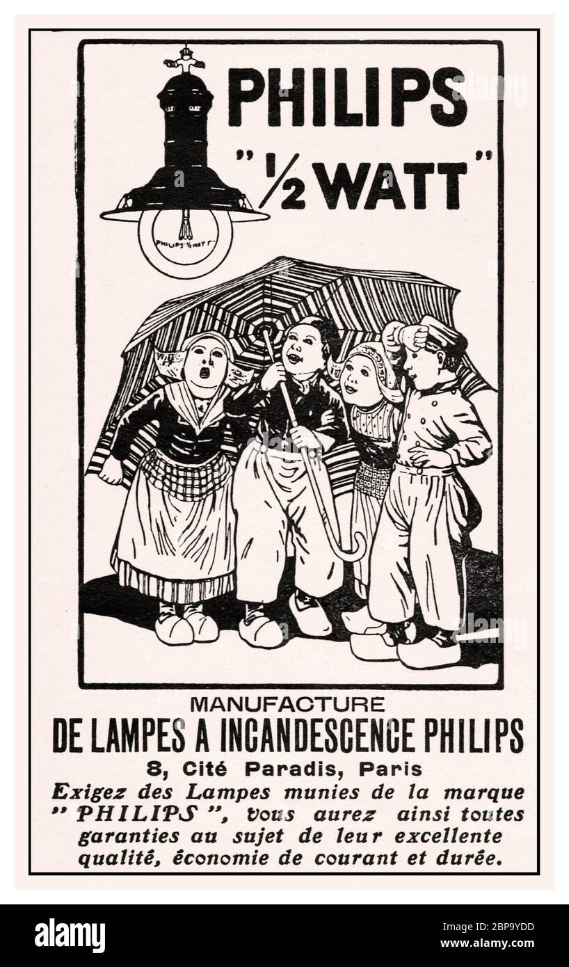 Vintage Historic Philips 1/2 watt incandescent electric lamp archive historic press advertising L'ILLUSTRATION 12 Janvier 1918. Manufactured in Paris France by Philips with excellent economy and long lasting. Stock Photo