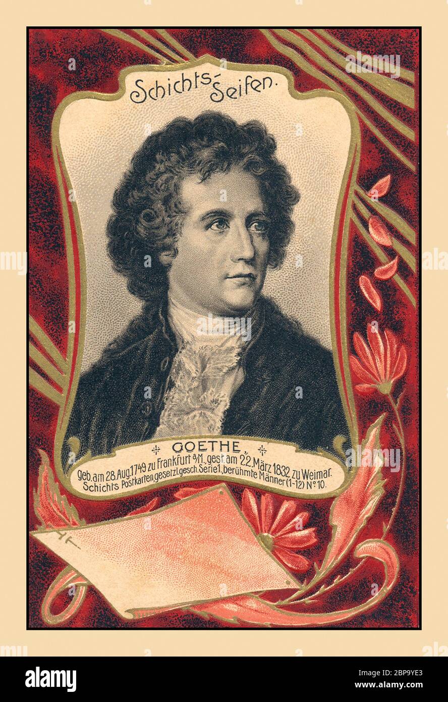 GOETHE Johann Wolfgang von Goethe archive historic postcard. German renowned writer and statesman, considered the greatest German literary figure of the modern era. 28 August 1749 – 22 March 1832 commemorative poster postcard as a tribute to his varied life Stock Photo