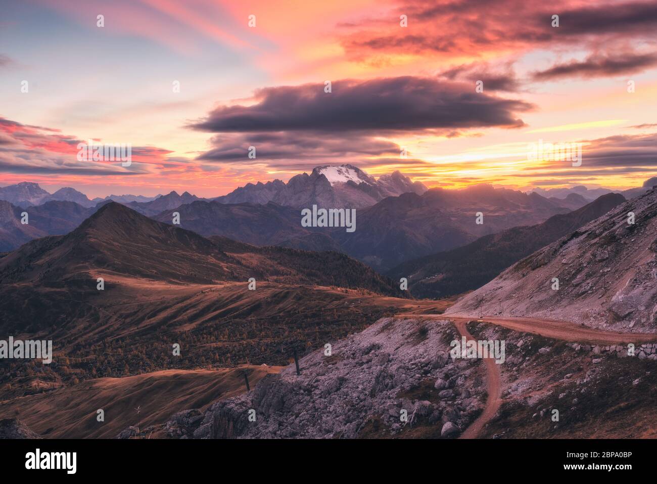 Mountains at beautiful sunset in autumn in Dolomites, Italy Stock Photo