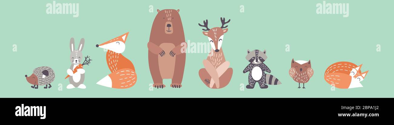 Cute animals in simple nordic style. Woodland characters with kind faces for baby shower design. Flat vector illustration. Stock Vector