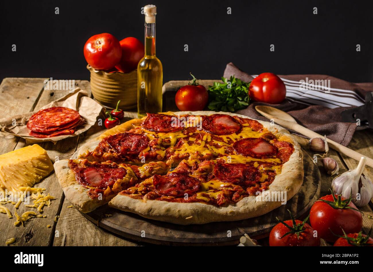 Rustic salami pizza with cheddar cheese and chorizo, delicious chorizo ...