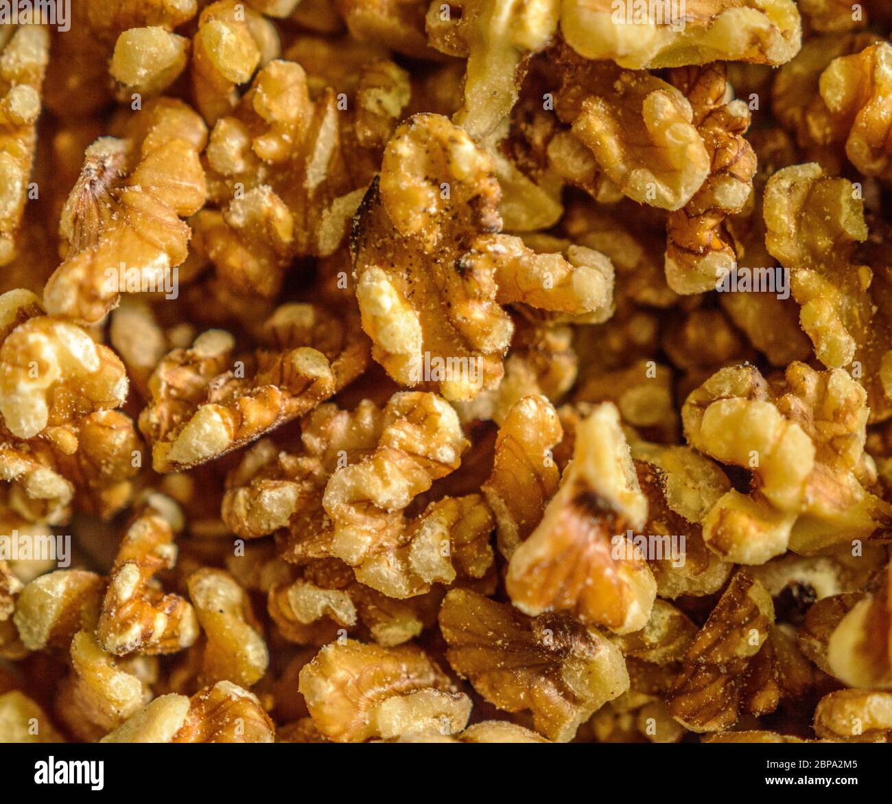 Display Fully Covered With California Peeled Nuts. Stock Photo