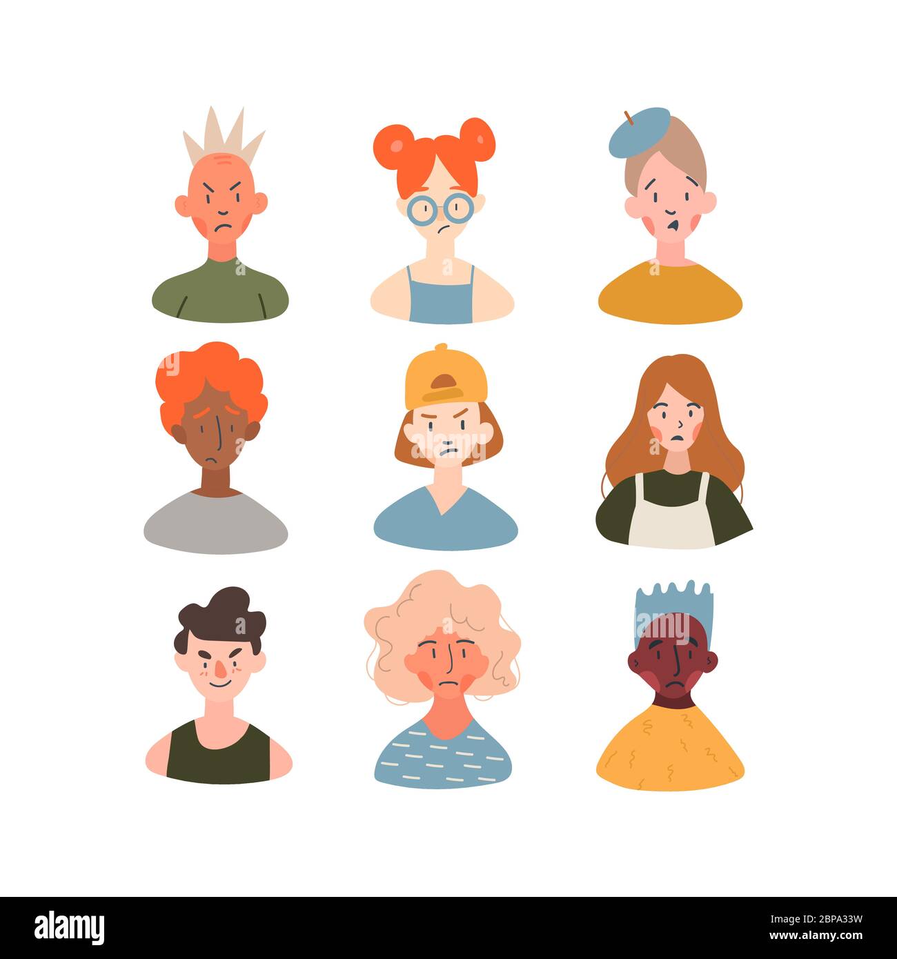 Children of different races profile avatars collection. Icons of girl’s and boy’s faces icon vector illustration set. Modern cartoon flat design. Onli Stock Vector