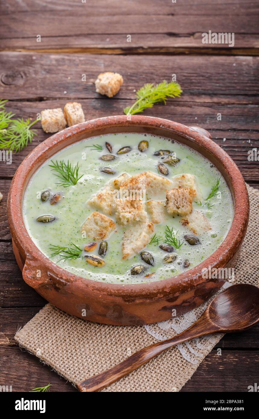 Broccoli soup vintage photography, delish soup simple to make Stock Photo