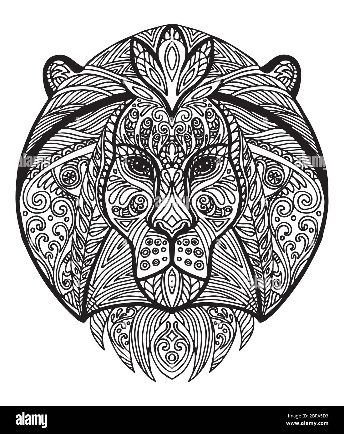 Vector decorative doodle ornamental head of lion. Abstract vector illustration of lion black contour isolated on white background. Stock illustration Stock Vector