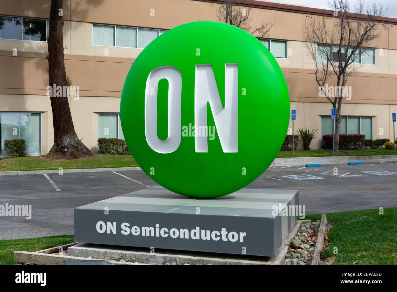 ON Semiconductor logo at company headquarters in Silicon Valley. ON
